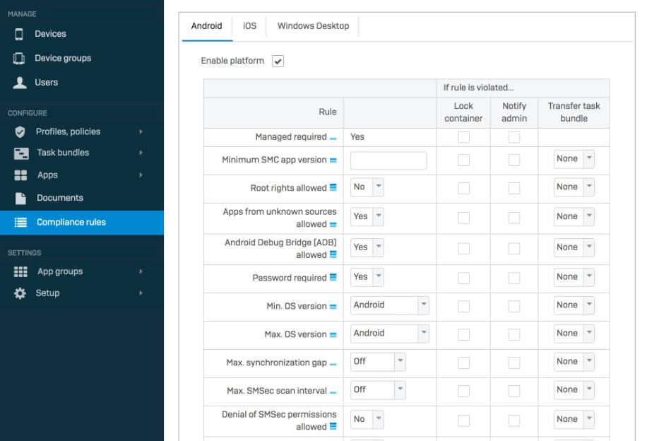 Compliance-Richtlinien in Sophos Central Mobile