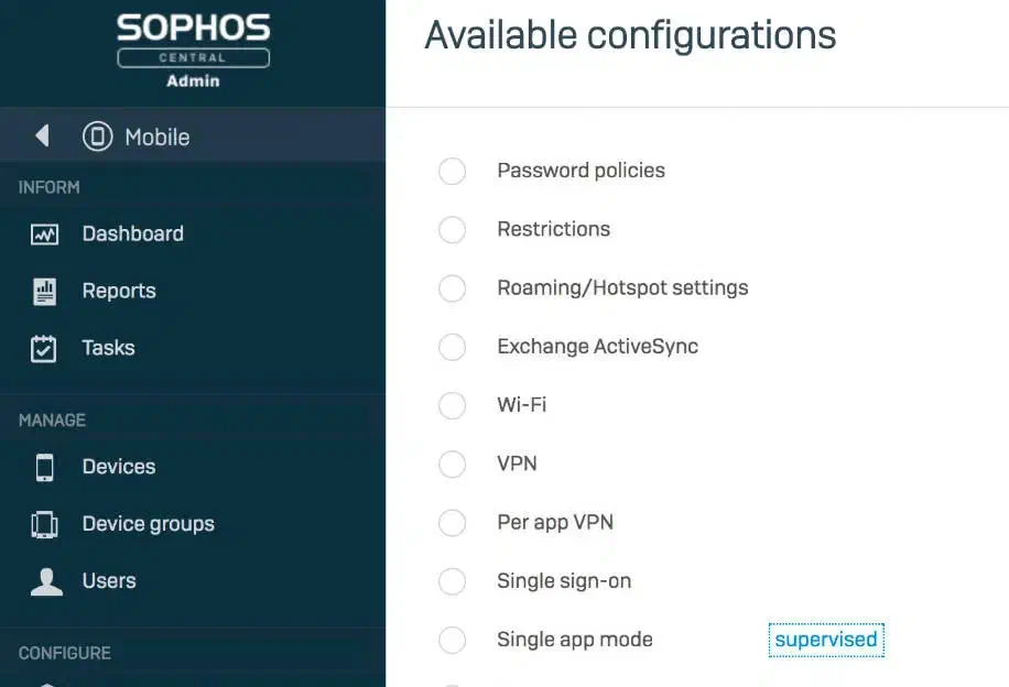 Profil- und Richtlinienverwaltung in Sophos Central Mobile